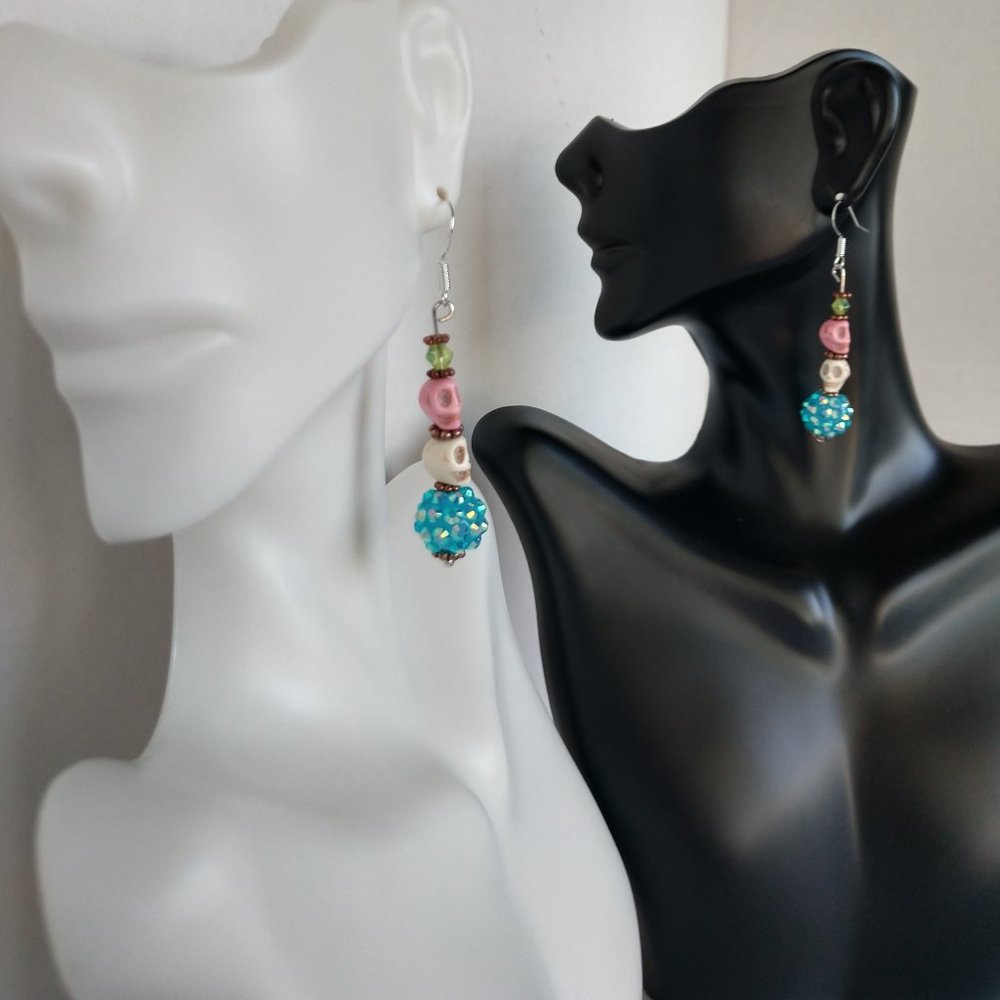 Handmade Dia De Muertos Earrings with Pink & White Skull Beads and Blue Cluster